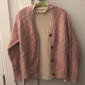 Pink thick cardigan size S/M paired with Oak+fort beige long sleeve shirt size S